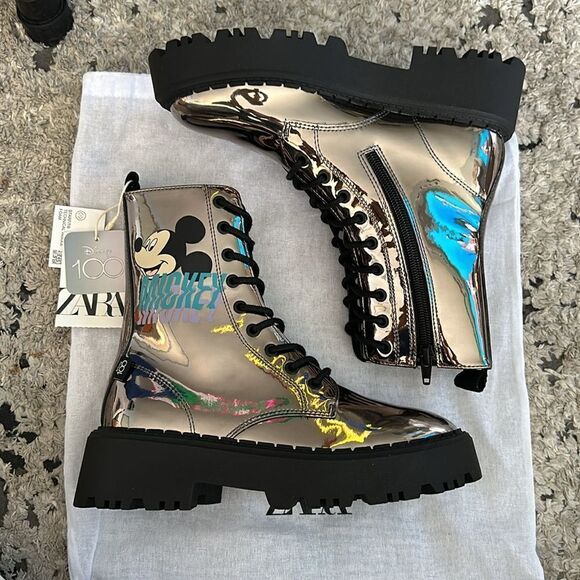 ZARA Kids | Black | MIRRORED MICKEY MOUSE © DISNEY ANKLE BOOTS - Picture 6 of 7